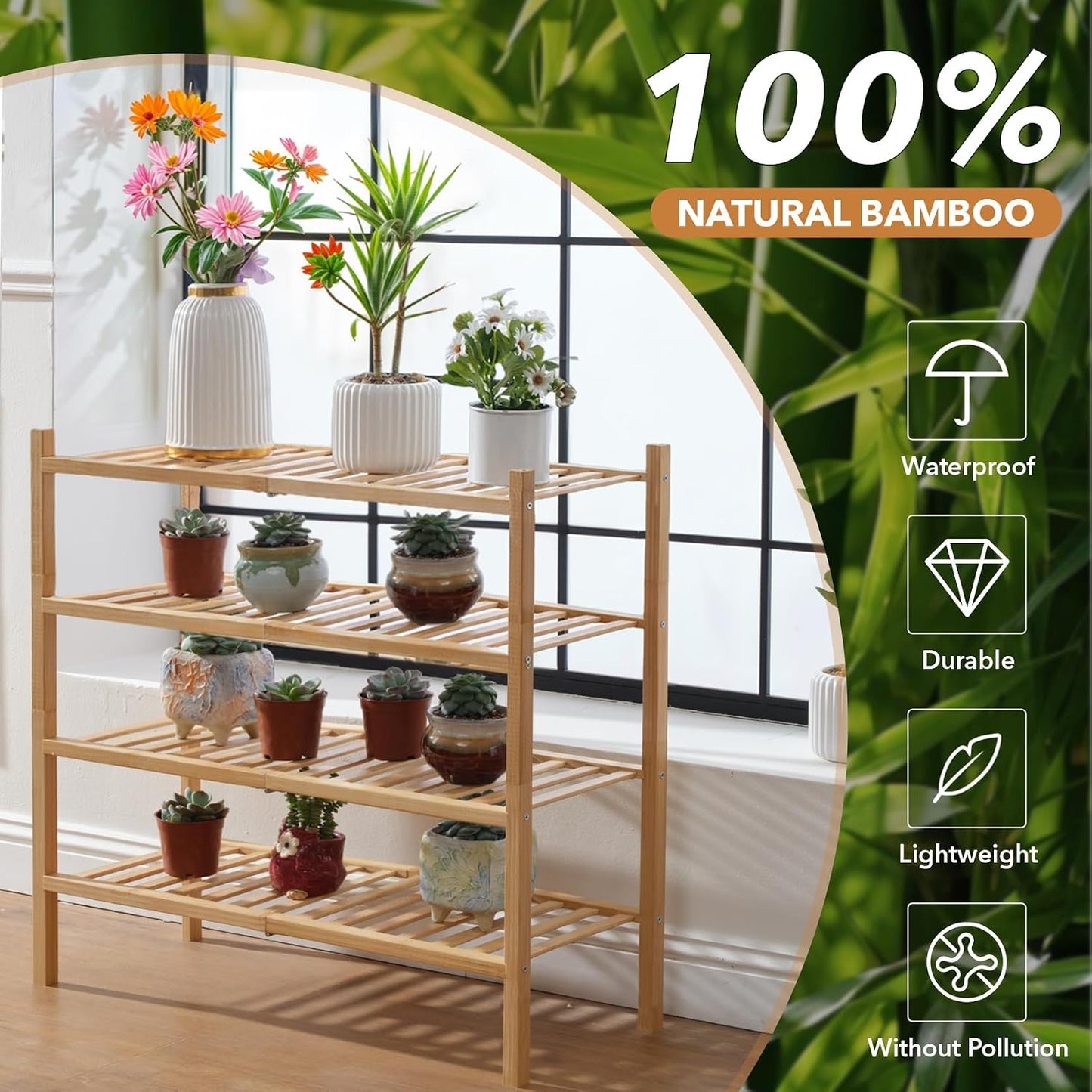 4 Tier Bamboo Shoe Rack Storage Organizer for Closet, Multifunctional Stackable Free Standing Shoe Shelf Organizer for Small Space,Entryway, Hallway, Bathroom27 x11 x26(White, 4 Tier)