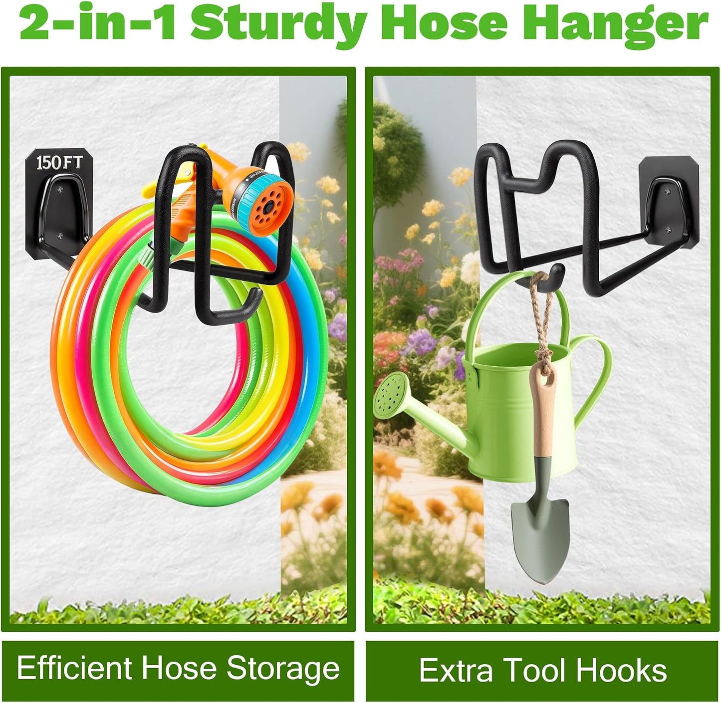 Garden Hose Holder Wall Mount Water Hose Holders for Outside | Metal Hose Hanger with Hook Heavy Duty Garden Hose Reel for Outside Yard Lawn Storage