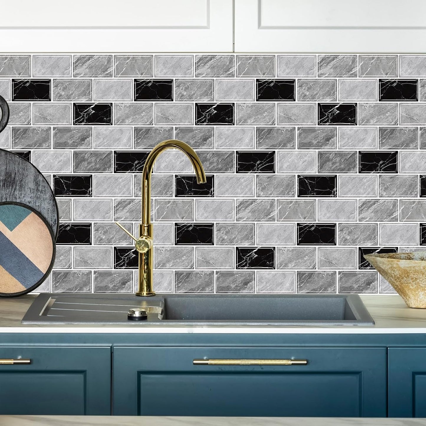 URCOLOR 10-Sheet Subway Tile Peel and Stick Backsplash for Kitchen,12"x12" Self Adhesive Wall Tiles Sticker on Back Splashes for Bathroom Gray Marble Design