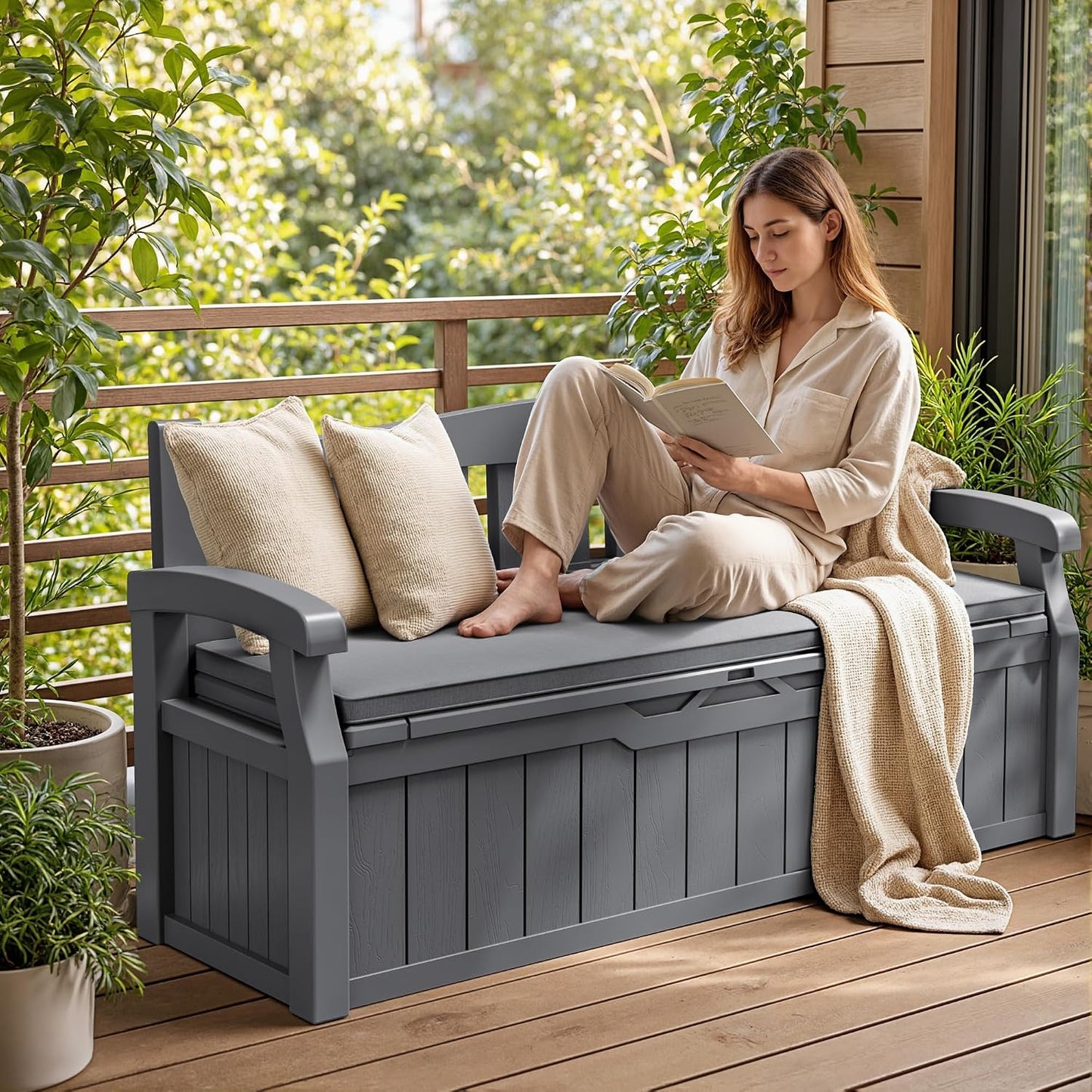 JUMMICO 80 Gallon Resin Outdoor Storage Bench, Large Deck Box with Armrest, Lockable&Waterproof for Garden, Home, Patio, Pools (Black, 80 Gallon)