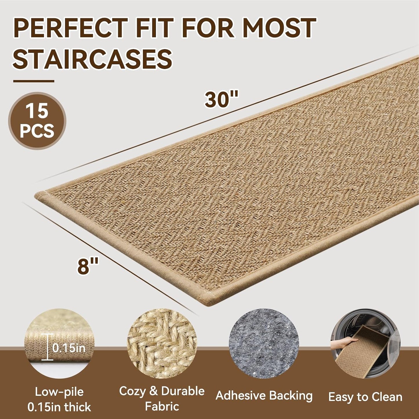 YDKGL Stair Treads Non Slip for Wooden Steps Indoor 15 Pack, Reusable Peel and Stick Adhesive Stair Treads Runner Rugs, Stair Carpet Floor Mats for Elders Pets, Easy to Install, Brown 8" x 30"