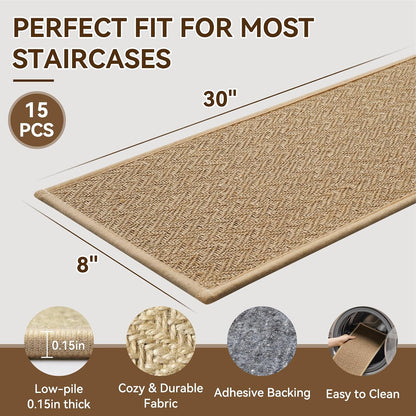 YDKGL Stair Treads Non Slip for Wooden Steps Indoor 15 Pack, Reusable Peel and Stick Adhesive Stair Treads Runner Rugs, Stair Carpet Floor Mats for Elders Pets, Easy to Install, Brown 8" x 30"