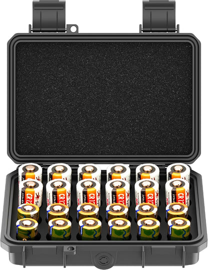 24 Slots CR2 CR123 CR123A Lithium Battery Organizer Case, IP67 Waterproof Hard Case for CR17345/CR16340/CR18350/CR15270(CR2) Explosionproof Batteries Storage Holder for Household Outdoor Camping