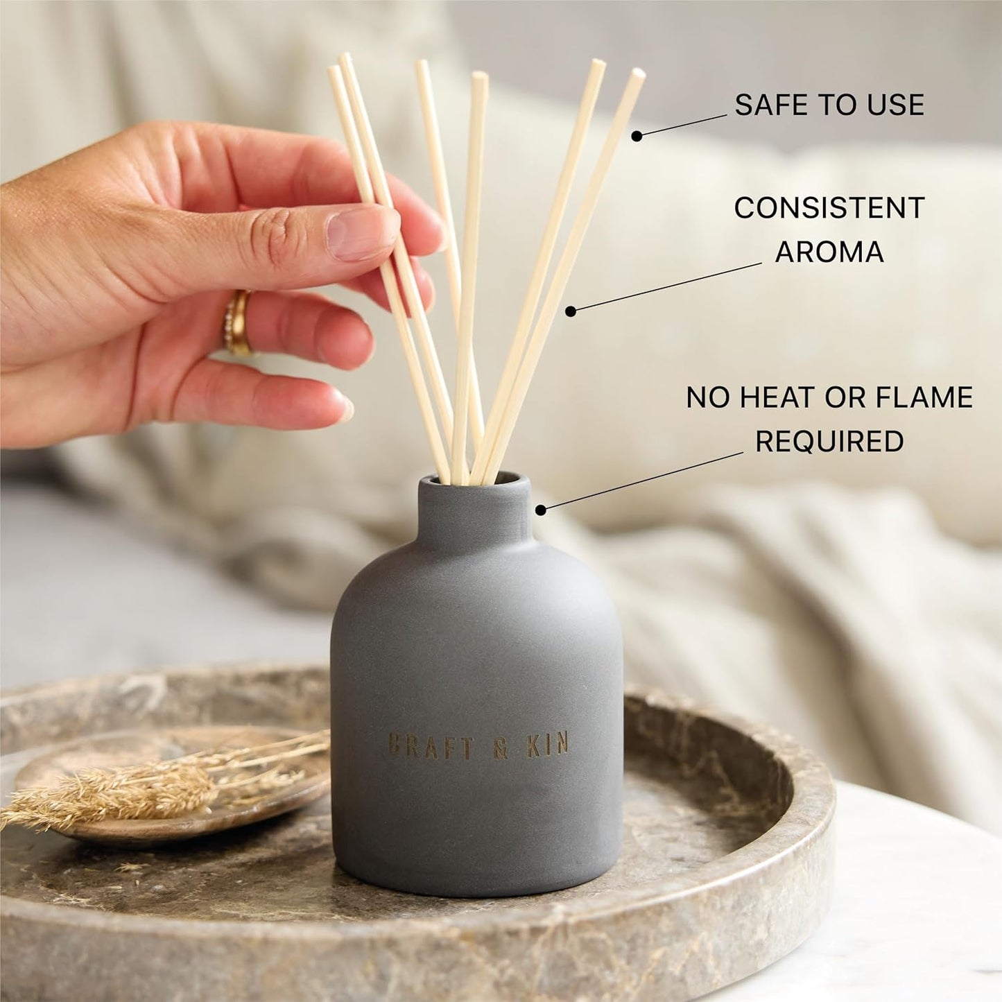 Craft & Kin Reed Diffuser for Home & Bathroom – Neroli & Jasmine Holiday Reed Diffuser Set with Fragrance Sticks, Long-Lasting Alcohol-Free Winter Scent, Earthenware Collection, 6.7oz