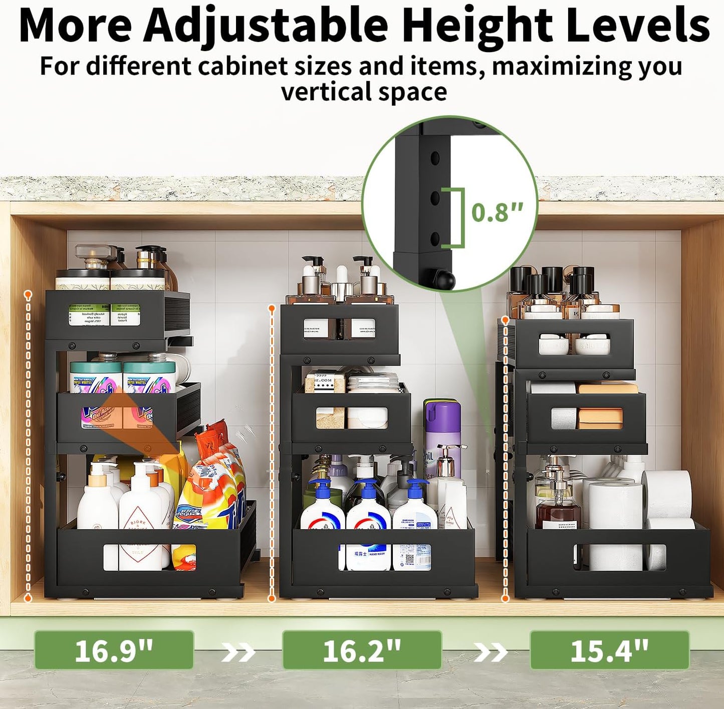 3-Tier Under Sink Organizer,2 Pack Height Adjustable Pull Out Cabinet Organizer Shelf, Thickened Metal Slide out Storage Drawer Rack for Bathroom Laundry Room Kitchen Pantry Organization (White)