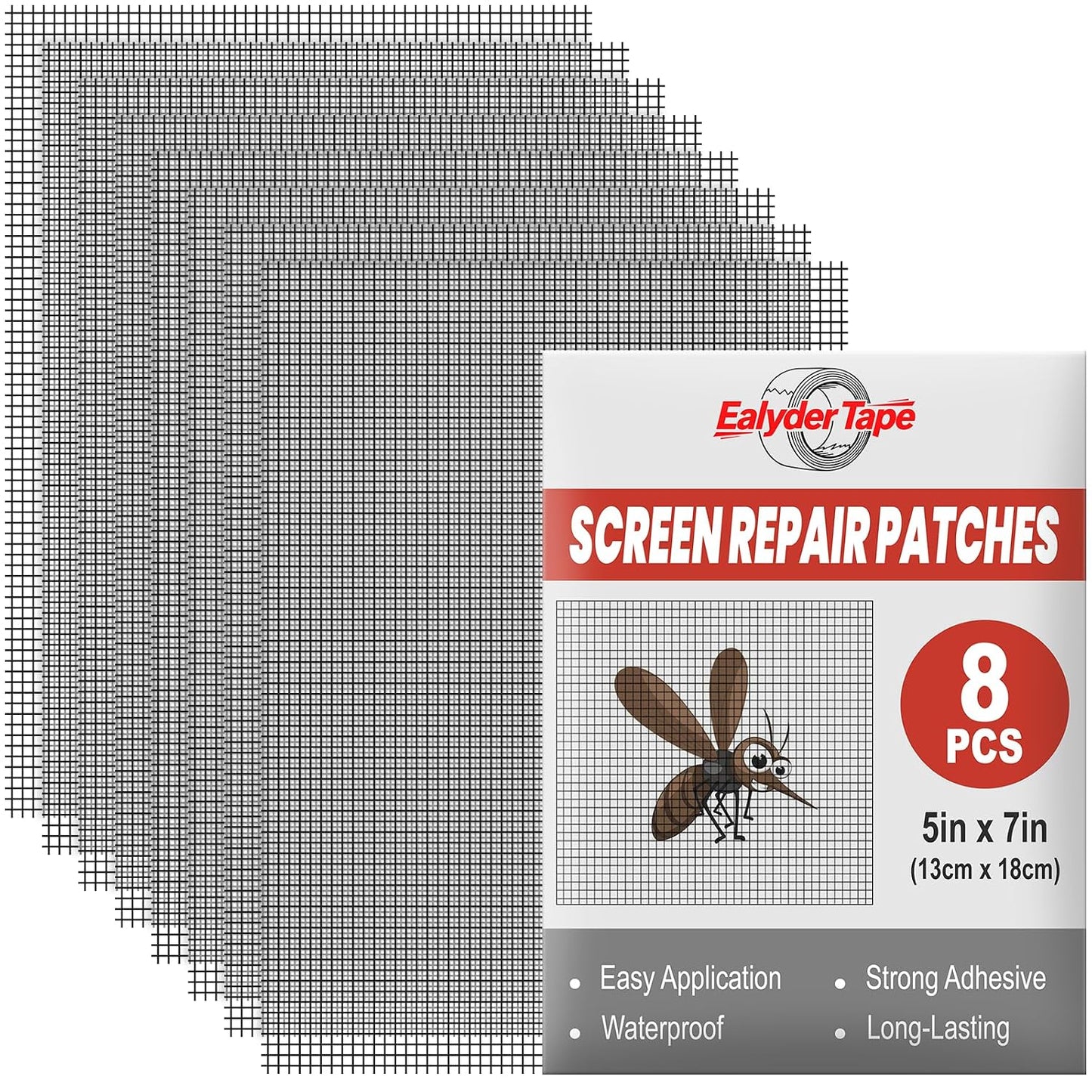 8 Sheets Window Screen Repair Patches Kit, Black 7in x 5in Fiberglass Mesh Repair Patches, Heavy Duty Self Adhesive Screen Tape, Quick Fix Tears Holes for Window Screen Door Mosquito Net