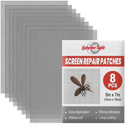 8 Sheets Window Screen Repair Patches Kit, Black 7in x 5in Fiberglass Mesh Repair Patches, Heavy Duty Self Adhesive Screen Tape, Quick Fix Tears Holes for Window Screen Door Mosquito Net