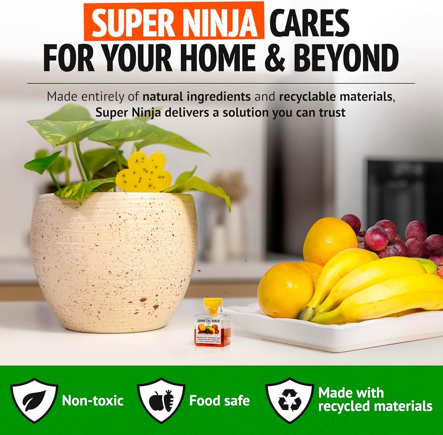 Super Ninja Fruit Fly Traps for Indoors - 4 Pack, Highly Effective Fruit Fly Catcher for Indoor Use for Home & Kitchen, Up to 3 Weeks of Performance per Bottle, Kid & Pet Friendly