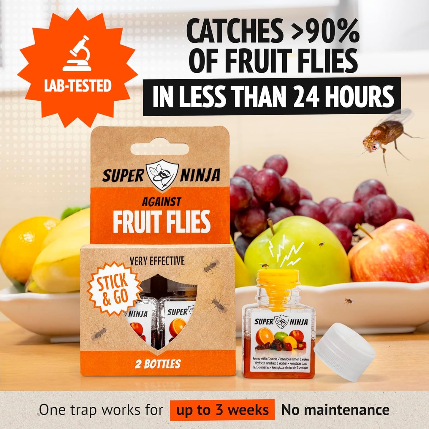 Super Ninja Fruit Fly Traps for Indoors - 4 Pack, Highly Effective Fruit Fly Catcher for Indoor Use for Home & Kitchen, Up to 3 Weeks of Performance per Bottle, Kid & Pet Friendly
