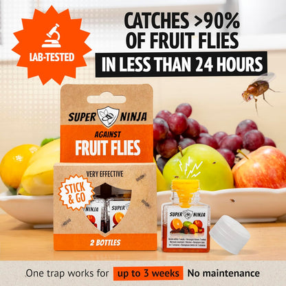 Super Ninja Fruit Fly Traps for Indoors - 4 Pack, Highly Effective Fruit Fly Catcher for Indoor Use for Home & Kitchen, Up to 3 Weeks of Performance per Bottle, Kid & Pet Friendly