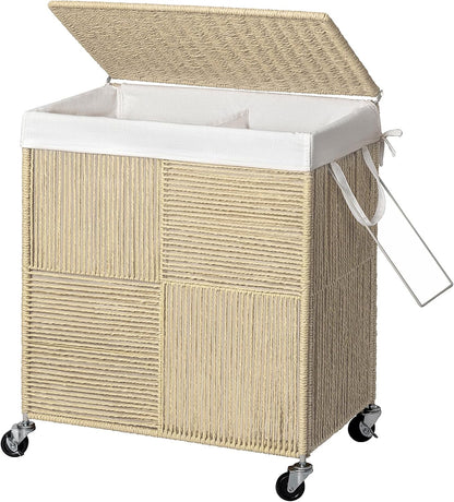 WOWLIVE Double Laundry Hamper with Lid, Handwoven Rolling Laundry Basket with Wheels, 115L Dirty Clothes Hamper with Removable Liner Bag Large Capacity Laundry Sorter Laundry Room Organization,Natural