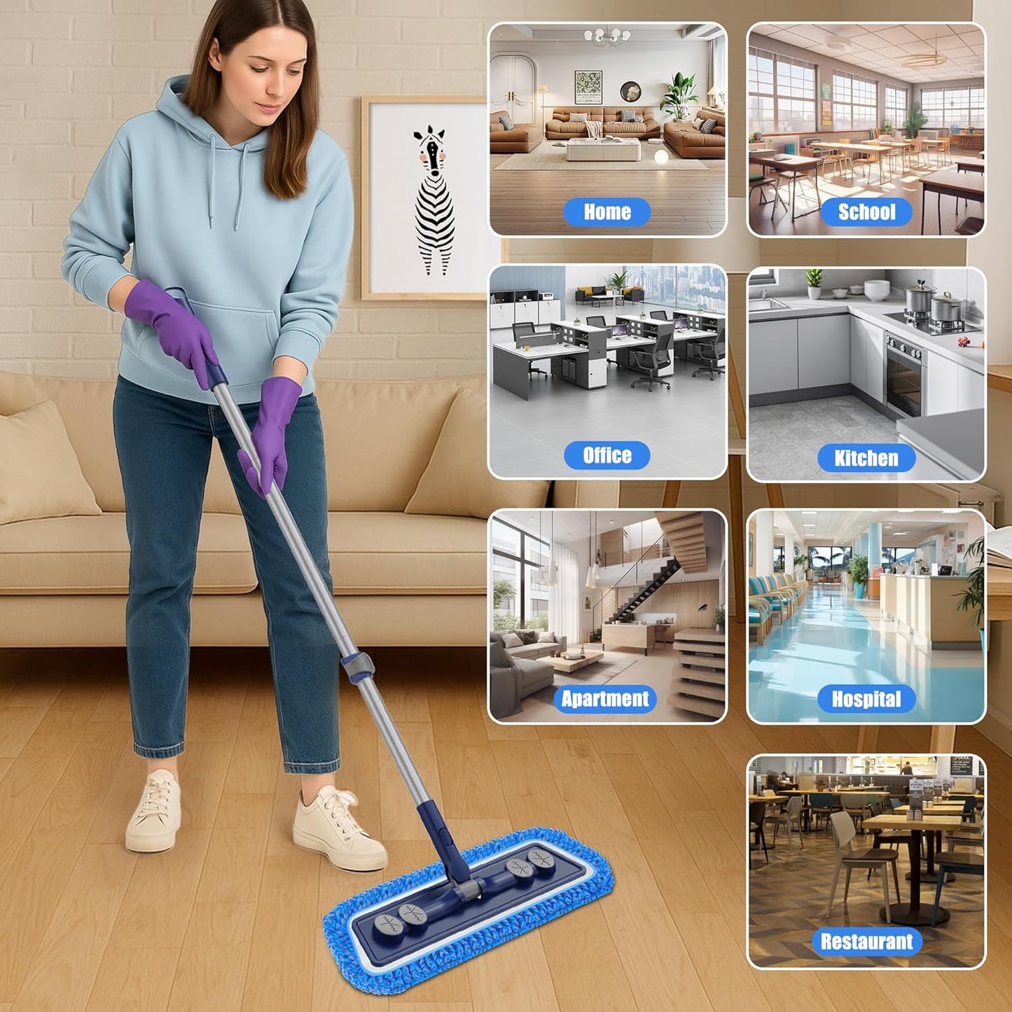 Microfiber Mops for Floor Cleaning - Dust Mop for Hardwood Floors with 55” Adjustable Handle 3 Thickened Washable Pads - Wet Dry Mopping for Pet Hairs Walls Tile Wood Laminate Home Kitchen