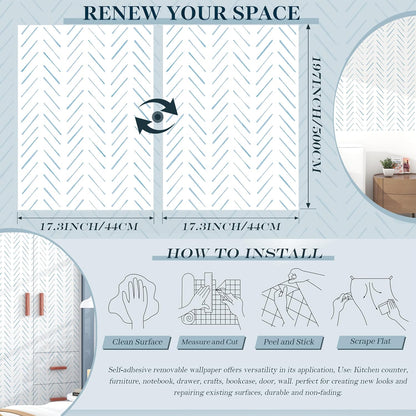 Herringbone Wallpaper Peel and Stick Wallpaper Blue and White Modern Wall paper 17.3"x78.8" Adhesive Wallpapers Boho Removable Contact Paper Decorative for Bedroom Bathroom Cabinets Decor Vinyl Roll