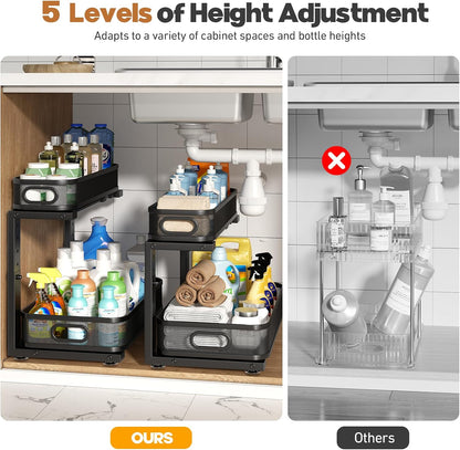 2 Pack Under Sink Organizer With Smooth Cylindrical Rail,2-Tier Pull Out Multi-Purpose Cabinet Storage for Bathroom&Kitchen,Height Adjustable,Rust-resistant Coating-White