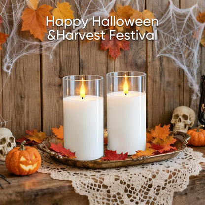 5plots Glass Battery Operated White Flameless Candles with Remote Timer, 3D Wick Real Wax Pillar Led Candles Warm Flickering Light for Indoor Home, Halloween, Christmas Decor, Set of 3, D3 x H4 5" 6"