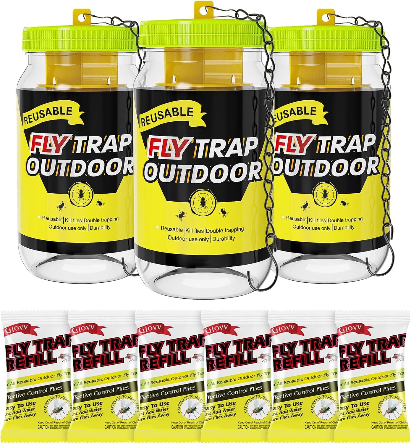 Reusable Fly Traps Outdoor Bottles, 3 Pack Fly Killer Catcher Jar with 6 Natural Magnet Bait Refills Lure, Flies Bug Insect Trap Control Outdoor Hanging for Outside Barns, Stable, Patio