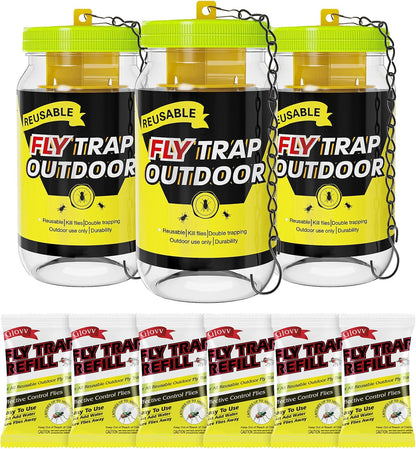 Reusable Fly Traps Outdoor Bottles, 3 Pack Fly Killer Catcher Jar with 6 Natural Magnet Bait Refills Lure, Flies Bug Insect Trap Control Outdoor Hanging for Outside Barns, Stable, Patio