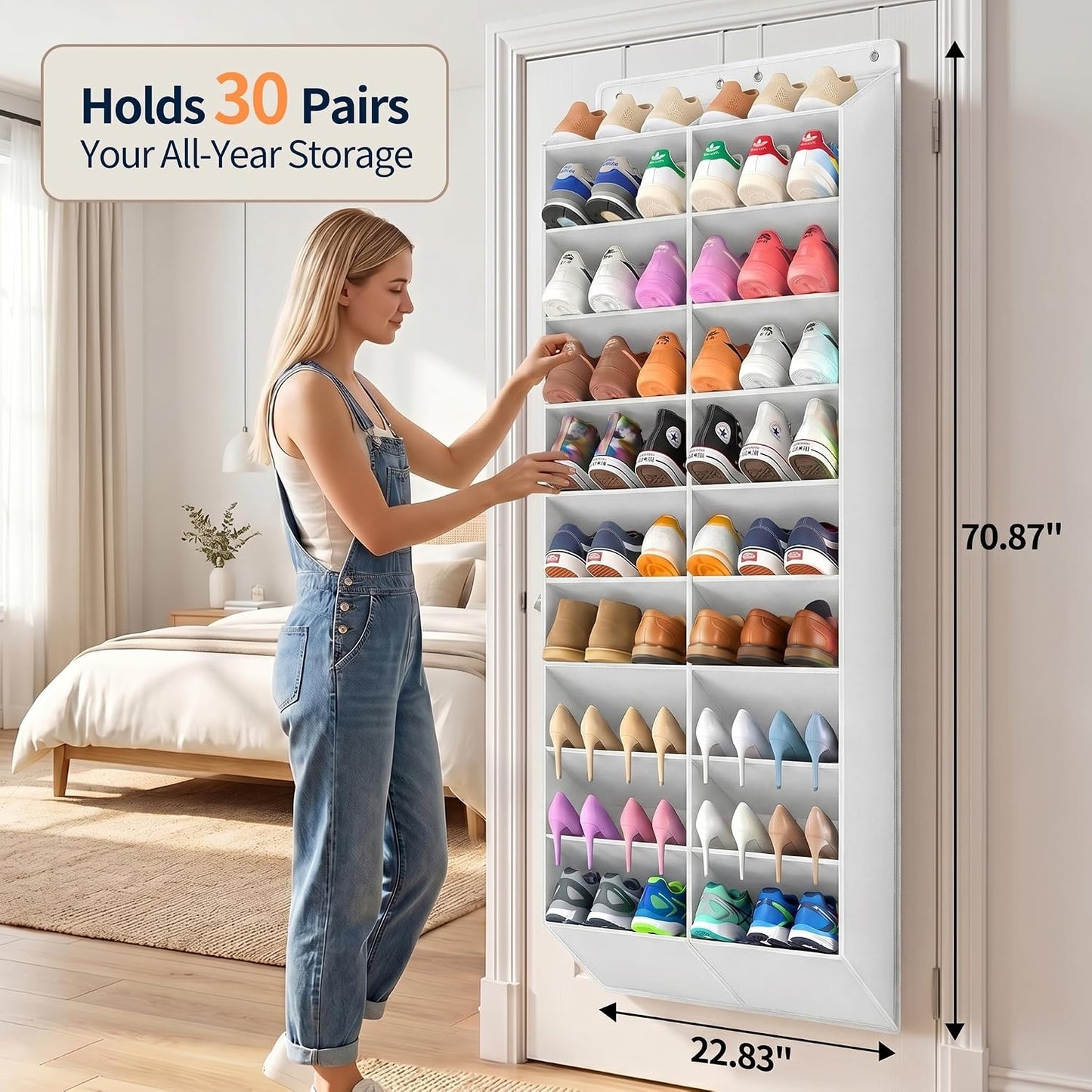 Yecaye 30 Pairs Over the Door Shoe Organizer, Large Capacity Hanging Shoe Rack for Door Hanger with Deep Pockets, Heavy Duty 10 Tier Shoe Holder for Sneakers Boots Heels College Dorm Essentials, Black