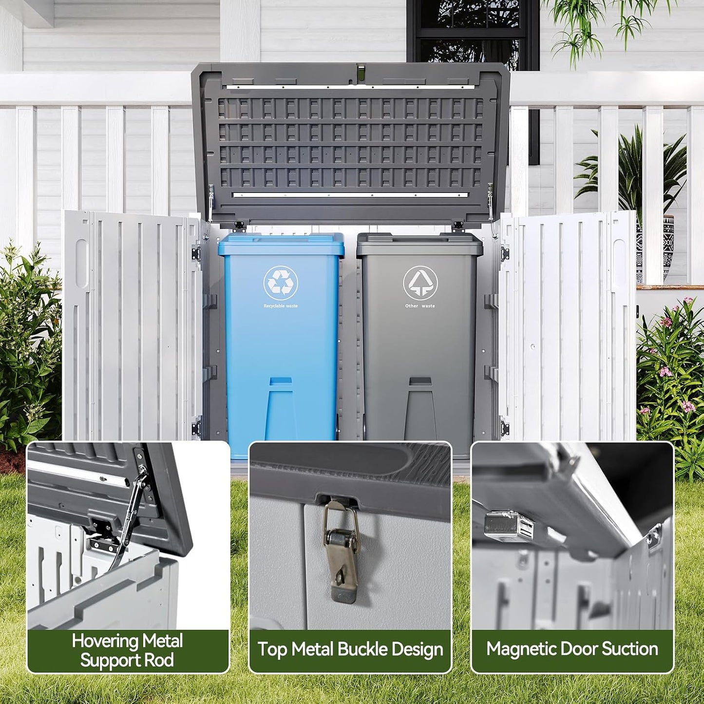 AOXUN Horizontal Storage Sheds 21 Cu.ft, HDPE Outdoor Storage Box 160 Gallon, Waterproof Lockable Resin Deck Box with Spring-Assisted Lid, Patio Storage for Garden, Pool, Cushions, Tools, White