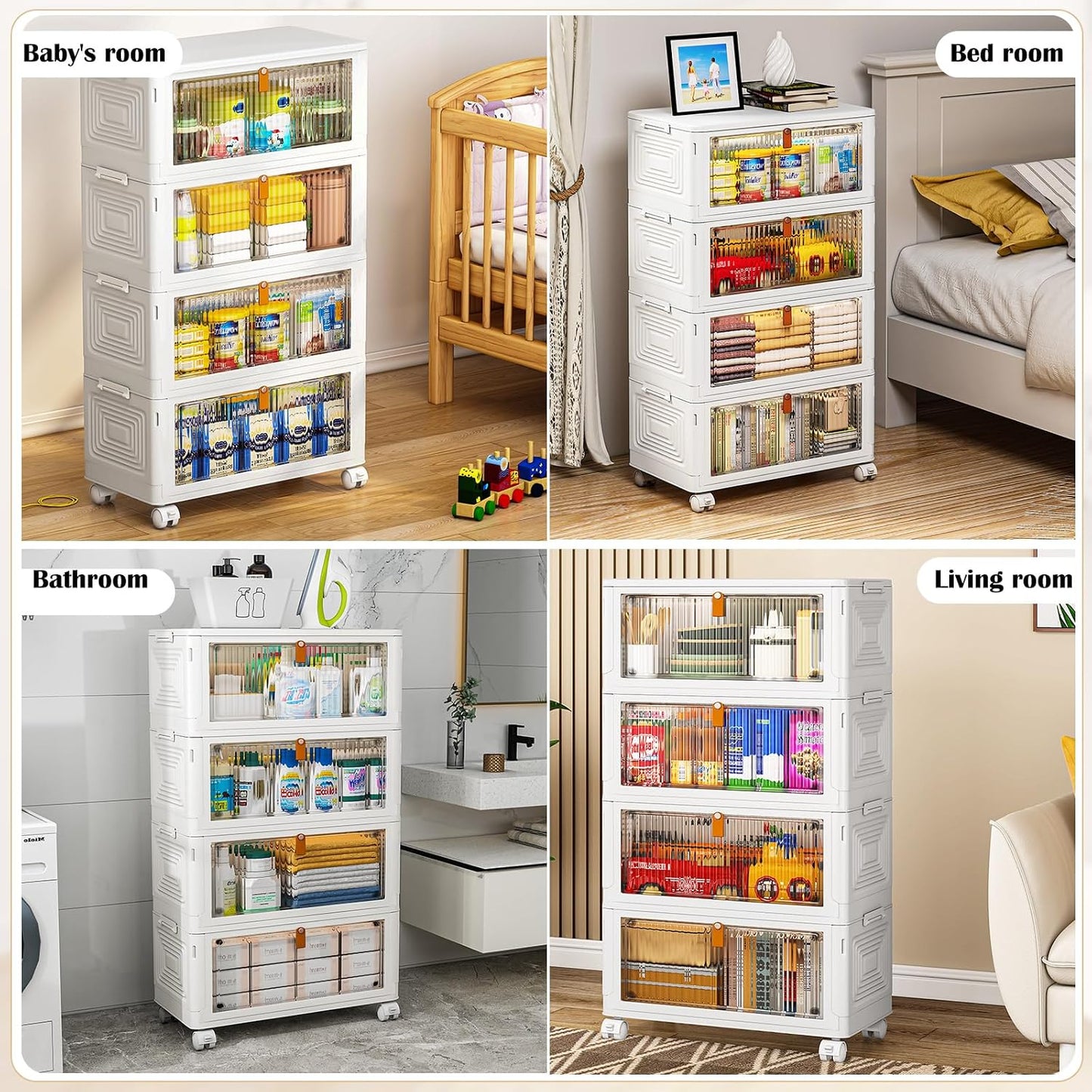 YFXCVSL 4 Tier Plastic Storage Bins with Lid 23QT, Stackable Storage Containers with Wheels, Folding Storage Boxes, Stackable Storage Bins, Organizers and Storage for Living Room,Office,Dorm