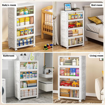 YFXCVSL 4 Tier Plastic Storage Bins with Lid 23QT, Stackable Storage Containers with Wheels, Folding Storage Boxes, Stackable Storage Bins, Organizers and Storage for Living Room,Office,Dorm