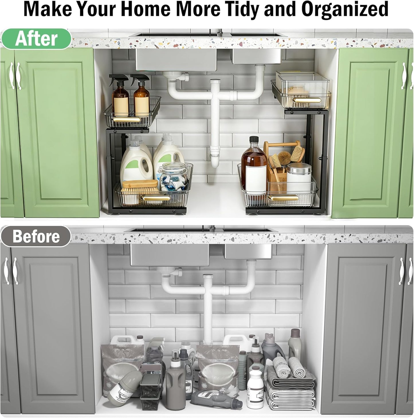 ARSTPEOE 2 Pack Double Sliding Under Sink Organizers and Storage,Two Tier Bathroom Storage and organization,Under Cabinet Organizer, Clear