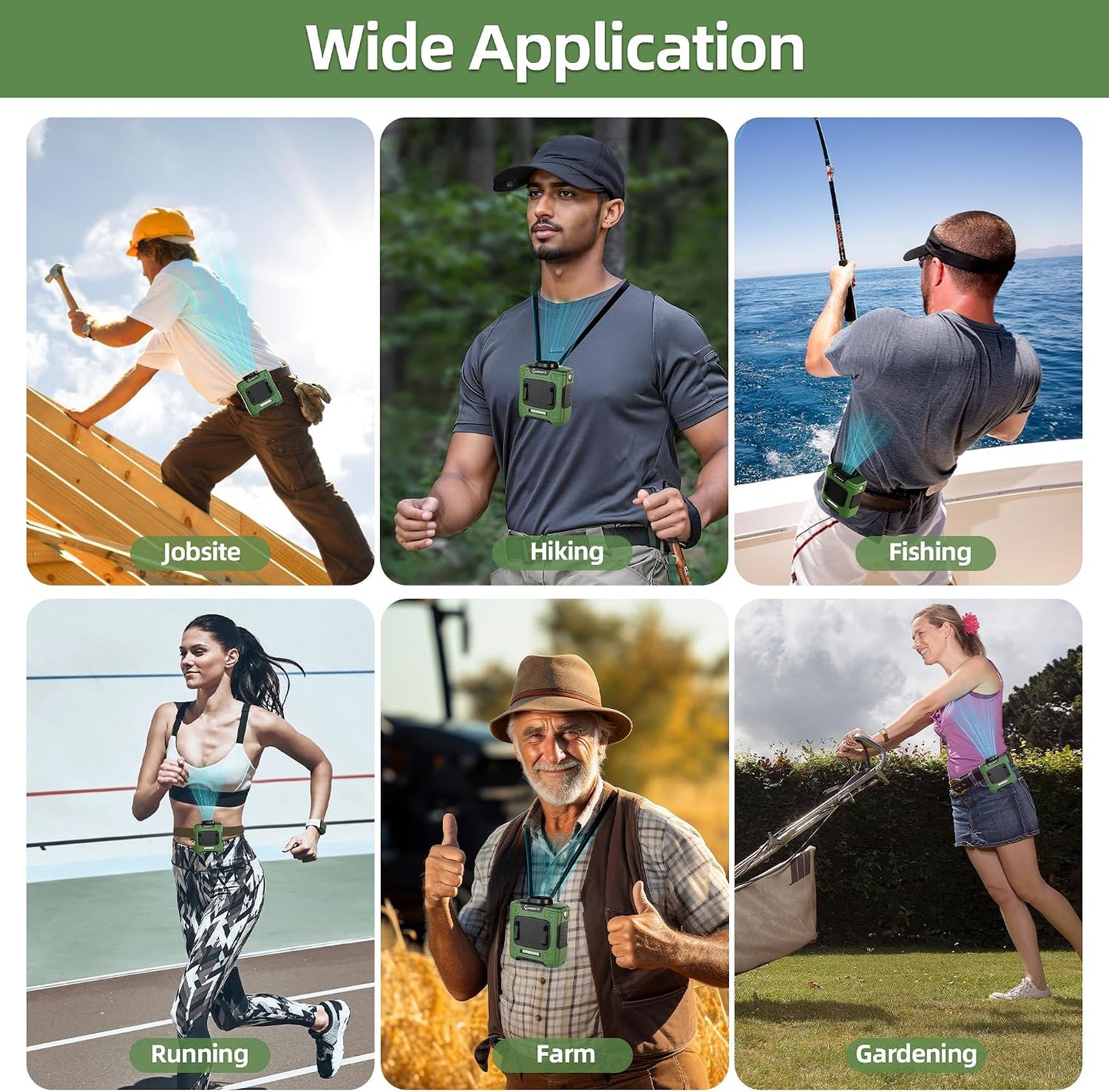 Waist Clip Fan - 5000mAh Rechargeable Portable Personal Fan, 39ft/s Ultra-Strong Wind, 29H Runtime, 5 Speeds, LED & SOS Light, for Outdoor, Camping, Hiking, Construction