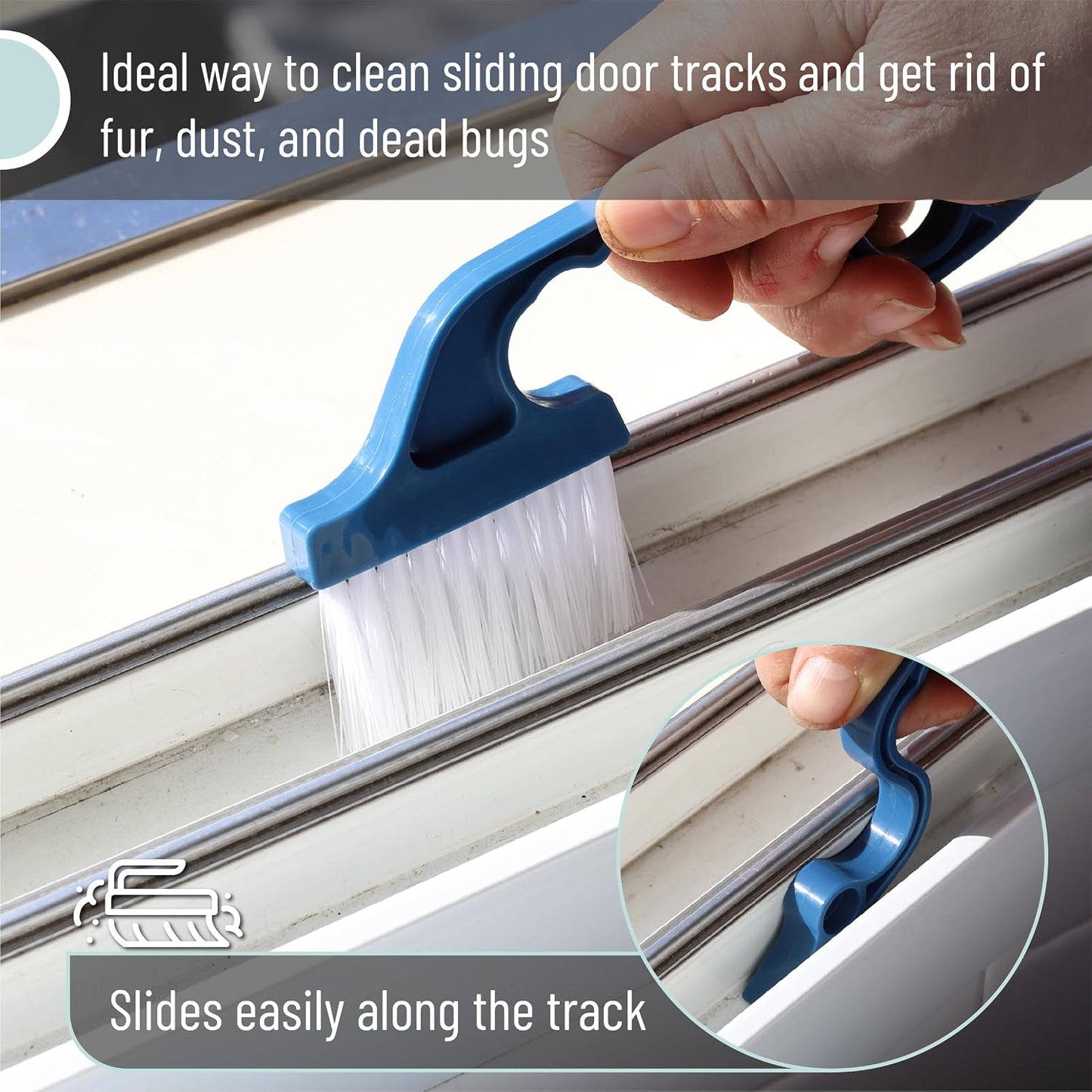 Slick- Window Track Cleaning Brush, 2 Pack, Blue Ergonomic Handle | Built-in Scraper, Multipurpose Window Track Cleaning Tool for Sliding Doors, Windows, Corners, Dust, Dirt & Narrow Gaps