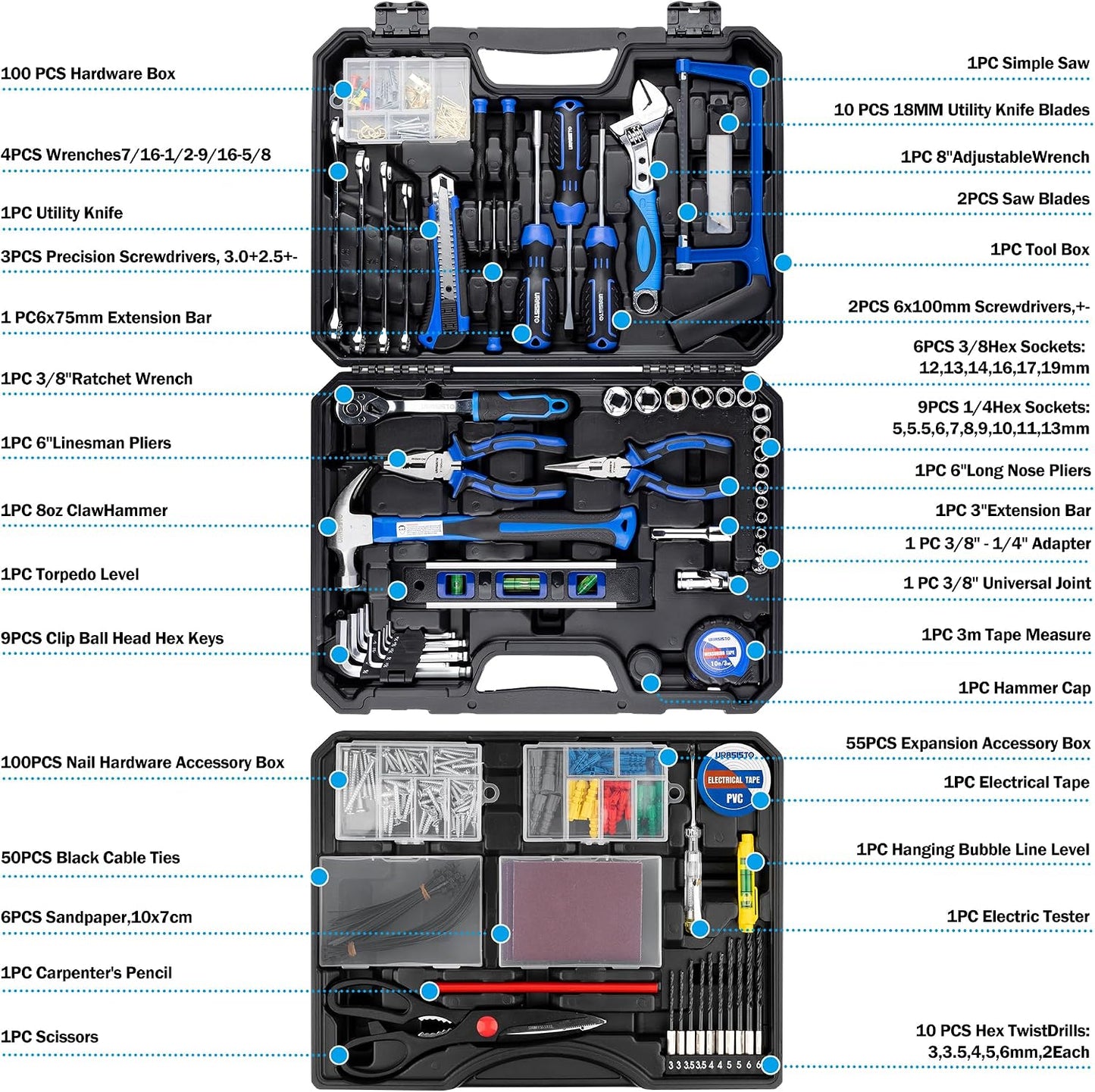 URASISTO 366 Piece Home Repair Tool Kit, Auto Repair Tool Set, General Home Toolbox Storage Case with Drawer, General Household Tool Kit