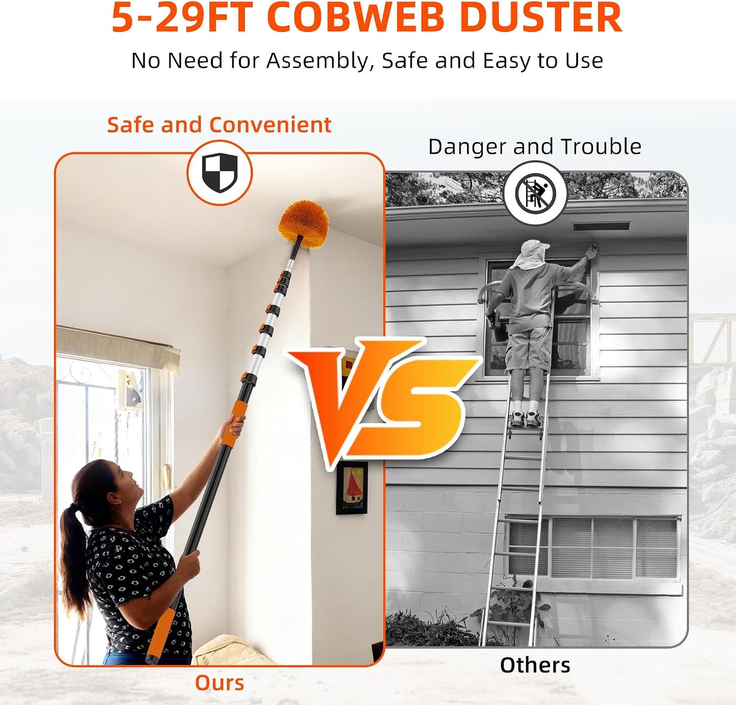 30 FT Reach Cobweb Duster with 5-24 FT Telescoping Pole, Dual Action Flip-Lock & Screw Fixing Design, Washable Reusable Duster for High Ceilings, Fans & Home Cleaning