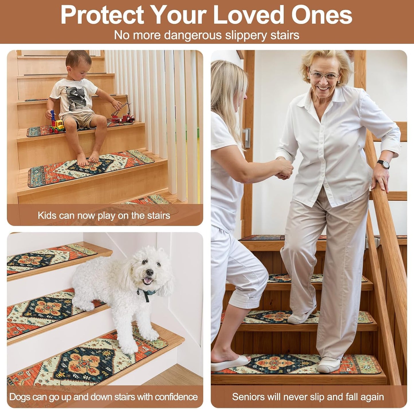OJIA Non-Slip Carpet Stair Treads for Wooden Steps Set of 15, 30''X8'' Indoor Runner Resistant Rugs Rubber Safety Mats for Dogs, Kids & Elders, Stairway Grip