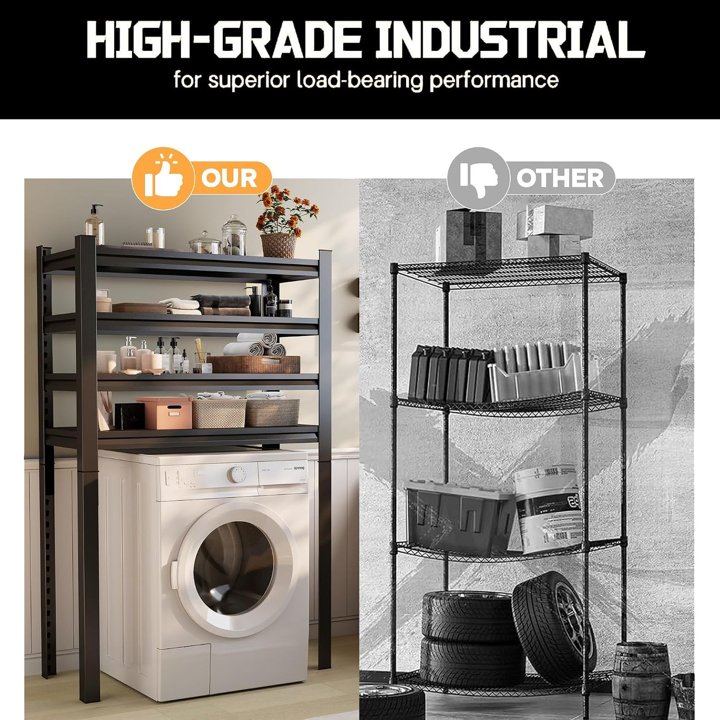 Over Washer and Dryer Shelves, Laundry Room Shelves Adjustable Metal Heavy Duty Freestanding Storage Shelving, Washing Machine Rack for Organization and Storage, Black (39.4" W X 17.7" D X 71.2" H)