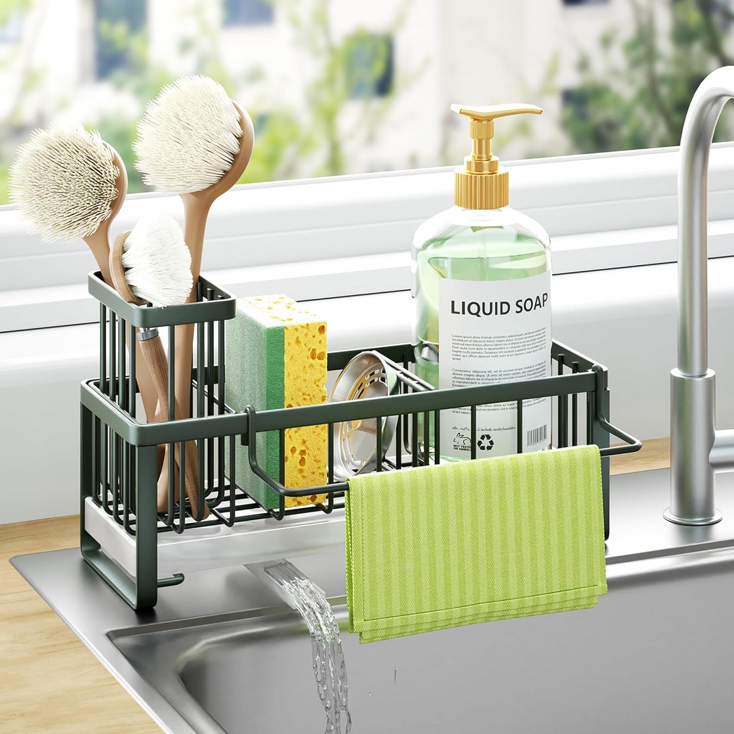 HapiRm Sponge Holder for Kitchen Sink - Self-draining Sink Caddy with Brush and Dishcloth Holders, Stainless Steel Kitchen Countertop Organizers and Storage Essentials - Black