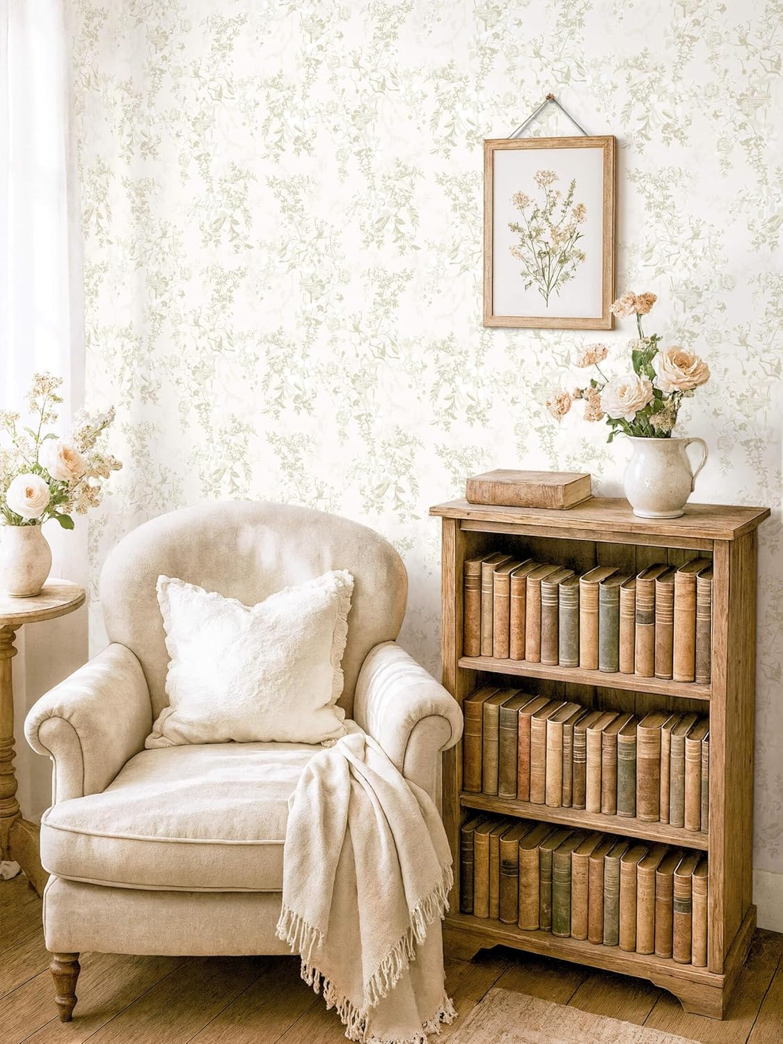 Dimoon 17.3''x78.7'' Vintage Peel and Stick Wallpaper Boho Beige Neutral Contact Paper White Floral Bird Wallpaper Removable Botanical Renter Friendly Modern Wall Paper Bedroom Bathroom Vinyl Roll