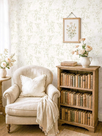 Dimoon 17.3''x78.7'' Vintage Peel and Stick Wallpaper Boho Beige Neutral Contact Paper White Floral Bird Wallpaper Removable Botanical Renter Friendly Modern Wall Paper Bedroom Bathroom Vinyl Roll