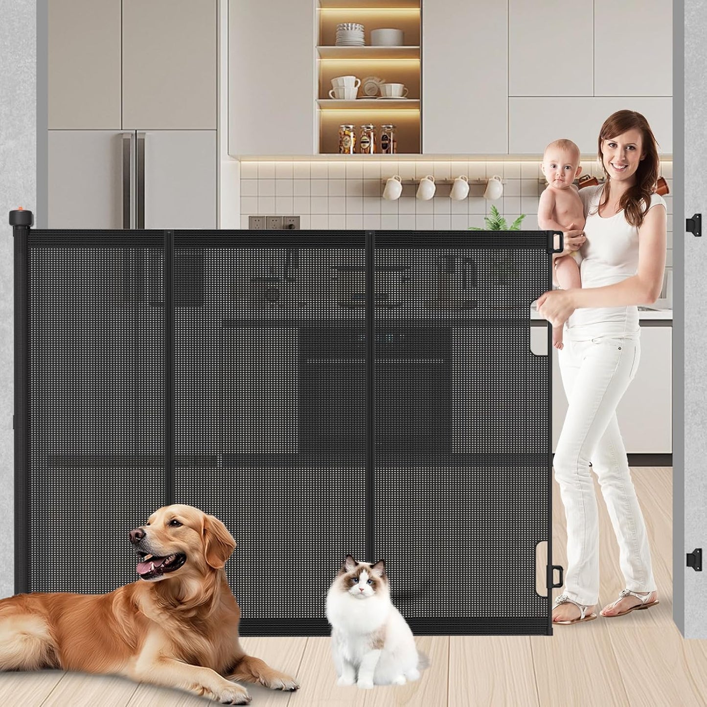 Pawtners Retractable Baby Gates Extra Wide, 41" Tall Extends up to 71" Wide, Dog Gate Indoor for Stairs, Pet Gate with Support Rods for Doorways Hallways Indoor & Outdoor-Black