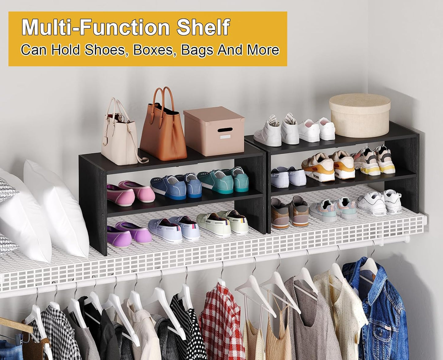 White Shoe Rack Organizer for Closet, 2-Tier Expandable Shoe Shelf, Stackable Iron Wood Combination Small Shoe Racks Shelves for Closets, Entryway,Small Space,Hallway,Bedroom,Bathroom,6-12 Pairs