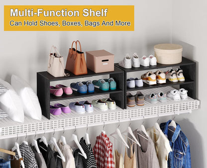 White Shoe Rack Organizer for Closet, 2-Tier Expandable Shoe Shelf, Stackable Iron Wood Combination Small Shoe Racks Shelves for Closets, Entryway,Small Space,Hallway,Bedroom,Bathroom,6-12 Pairs