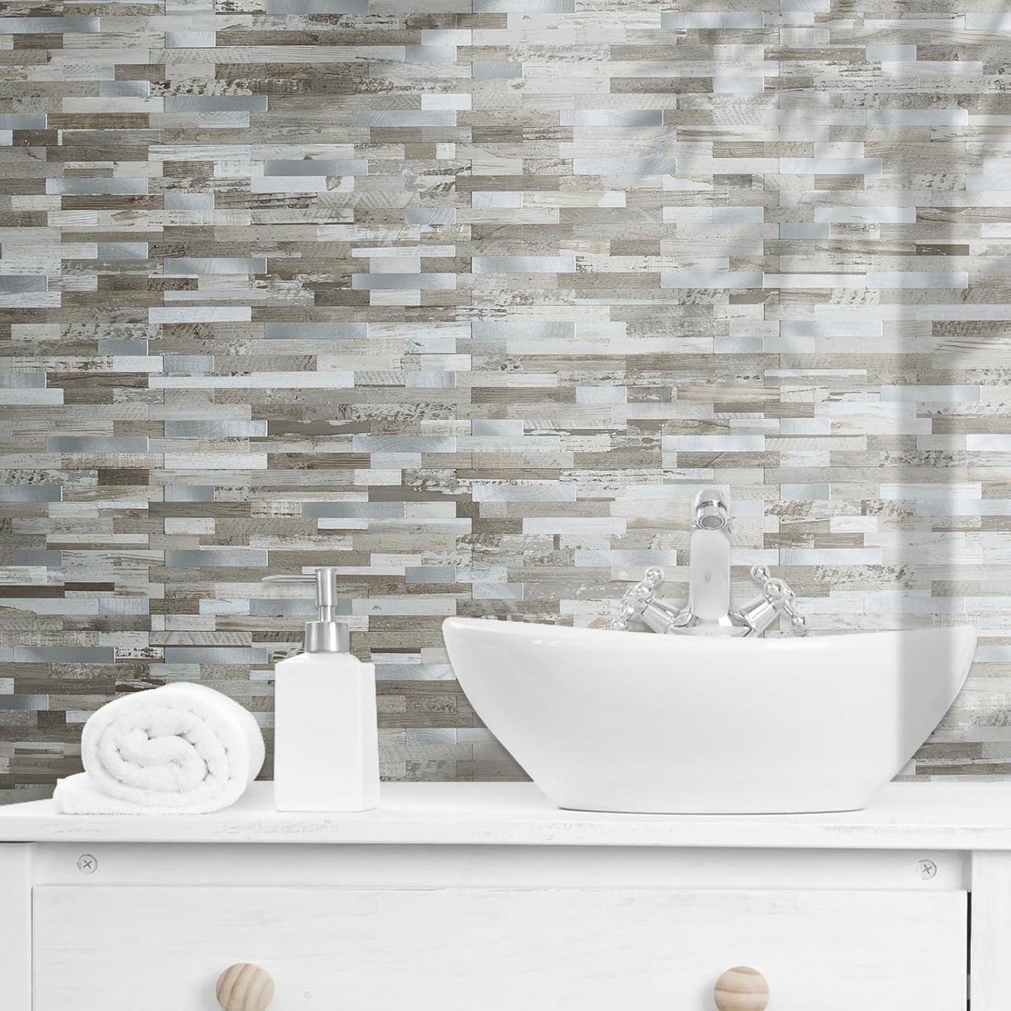 AULIGET 20 Sheets Peel and Stick Backsplash, Black & Grey Wood Look PVC Mixed Metal Stick on Backsplash Tiles for Kitchen