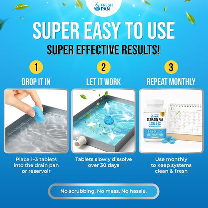 FreshPan AC Drain Pan Tablets (100-pack) | 4 Year Supply of Slow Release AC Condensate Pan Tablets for Clean, Fresh Flow