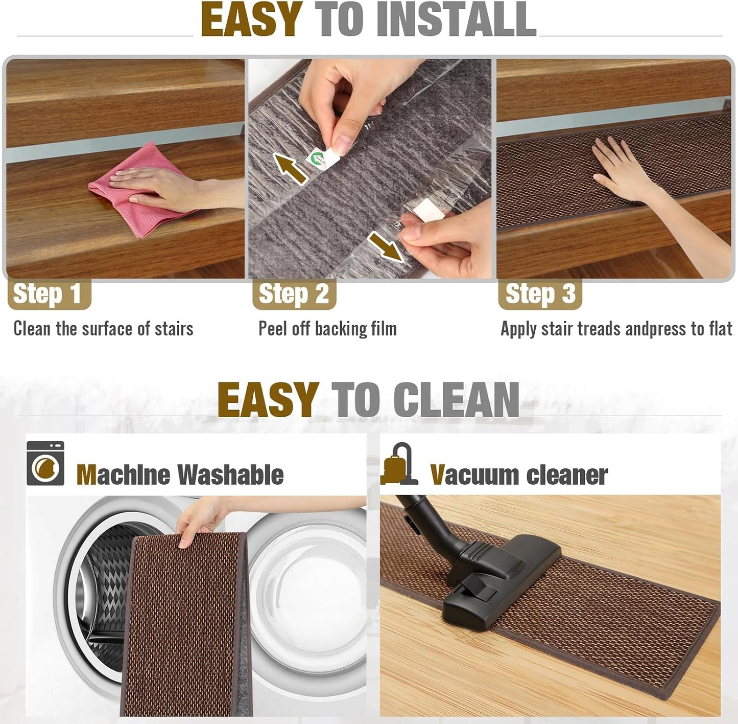 SMILOOL Stair Treads Non Slip for Wooden Steps Indoor 4 Pack 8" X 30" Carpet Stairs Runner for Wood Stairs, Stair Tread Rugs with Reusable Adhesive for Dogs Kids and Elders, Machine Washable, Brown