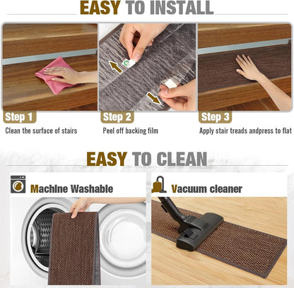 SMILOOL Stair Treads Non Slip for Wooden Steps Indoor 4 Pack 8" X 30" Carpet Stairs Runner for Wood Stairs, Stair Tread Rugs with Reusable Adhesive for Dogs Kids and Elders, Machine Washable, Brown