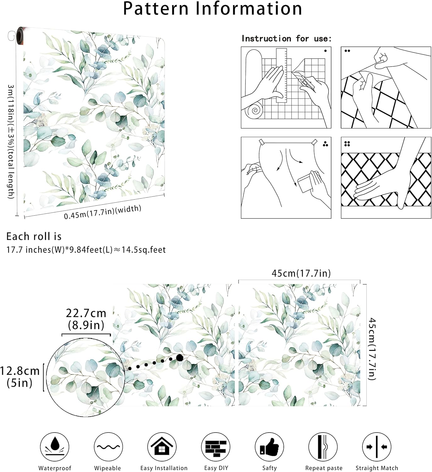 Floralplus Peel and Stick Wallpaper Boho Leaf Removable Wallpaper for Bathroom Renter Leaf Contact Paper for Locker Shelf Liner Vinyl Adhesive Wallpapers Wall Mural Decor 17.5 in x 118 in