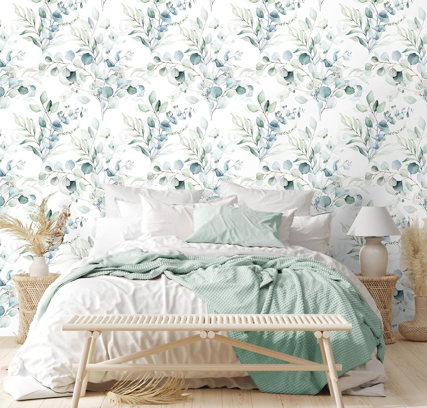 HAOKHOME Peel and Stick Wallpaper Boho Green/White Botanical Leaf Floral Wall Mural Home Nursery Decor Renter Friendly Wallpaper 17.3in x 9.8ft