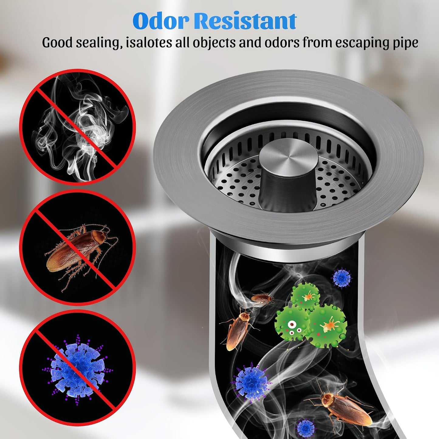 NinjaTiger Kitchen Sink Drain Strainer - 3-in-1 Stainless Steel Pop Up Sink Stopper Anti-Clogging Sink Strainer Basket Sink Drainer Filter Plug for US Standard 3-1/2'' Sink Drain | Gunmetal Gray