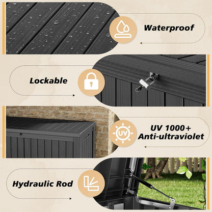 Fancyango 75 Gallon Outdoor Deck Box Waterproof, Large Storage Box for Patio, Resin Storage Bench Lockable for Garden Tools, Package Delivery, Black