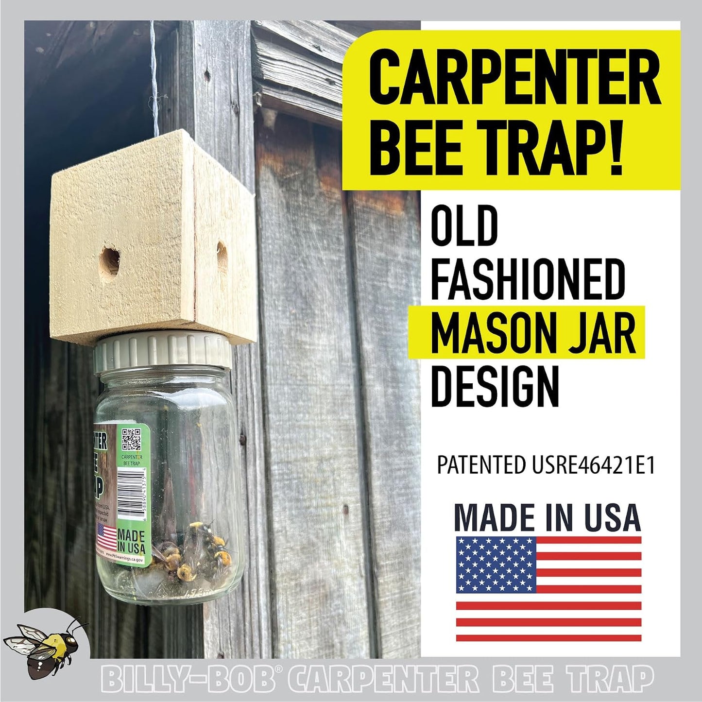 Billy Bob Carpenter Bee Trap - Made in the USA - Solid Wood Top - Outdoor Insect Trap for Carpenter Bees - Old Fashioned Mason Jar Design