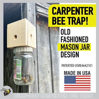Billy Bob Carpenter Bee Trap - Made in the USA - Solid Wood Top - Outdoor Insect Trap for Carpenter Bees - Old Fashioned Mason Jar Design