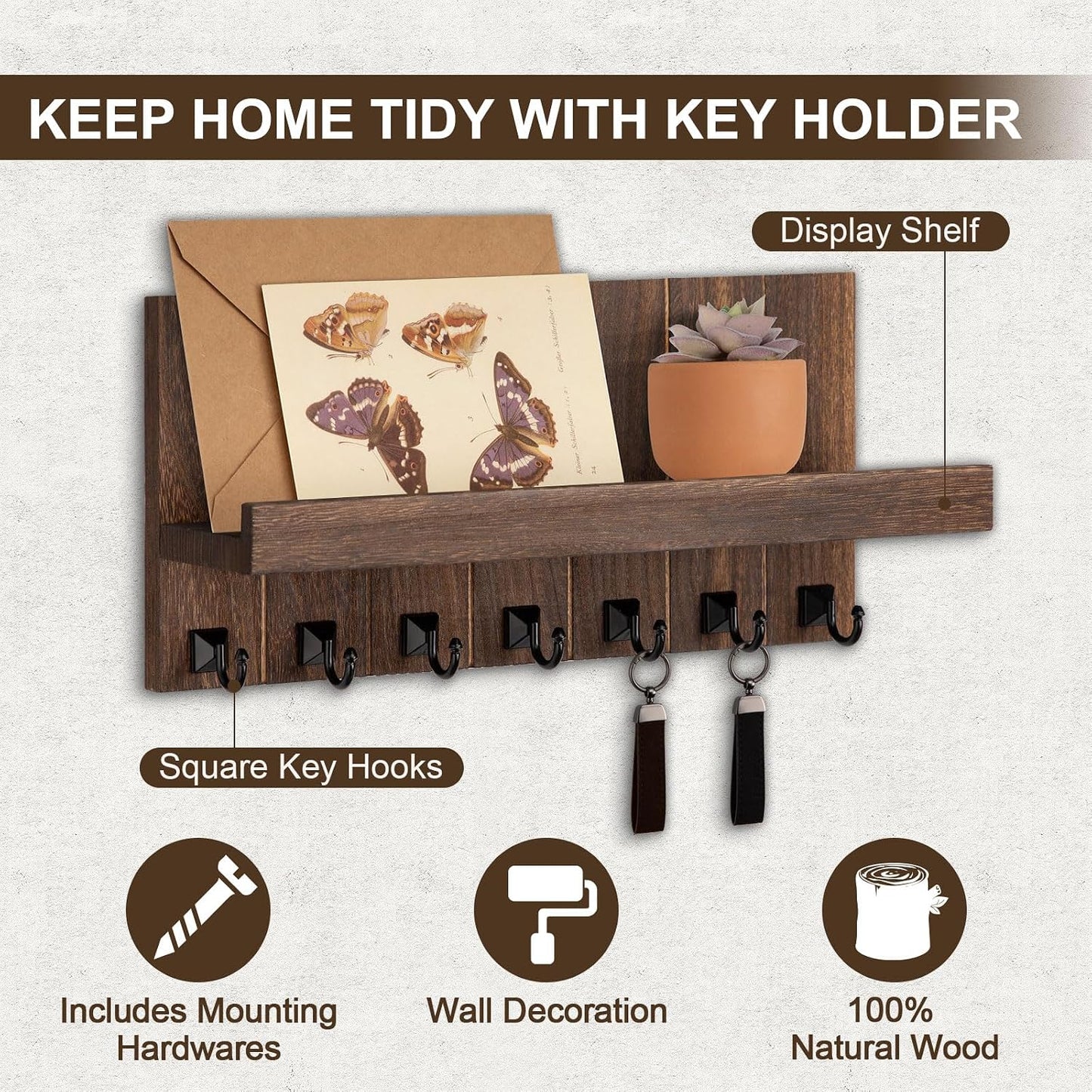 Key Holder for Wall, Decorative Key Holder with Shelf, Key and Mail Holder Wall Mount, Farmhouse Decor with 5 Key Hooks for Keys, Coats, ect.
