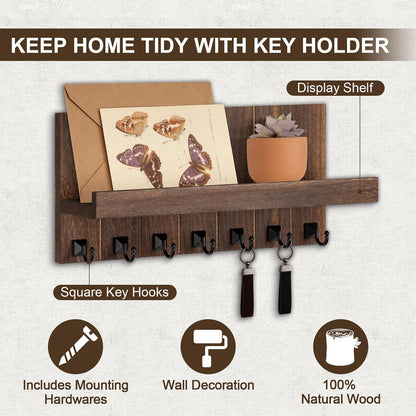 Key Holder for Wall, Decorative Key Holder with Shelf, Key and Mail Holder Wall Mount, Farmhouse Decor with 5 Key Hooks for Keys, Coats, ect.